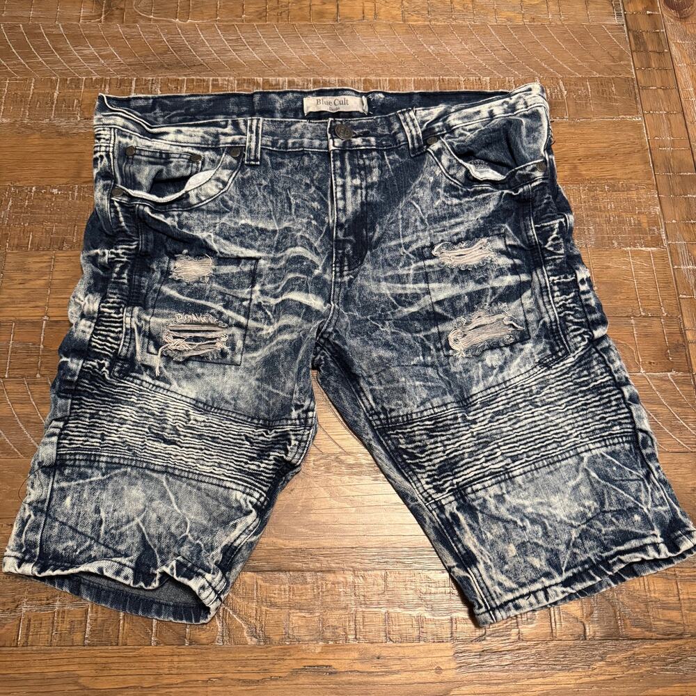 Blue Cult Denim Shorts Men's Size 38 Moto Biker Distressed Acid Wash Ripped